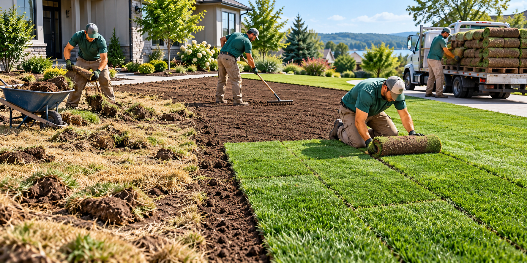 Illustration of a crew preparing soil and laying new sod, with old-lawn removal and material delivery shown as project stages.