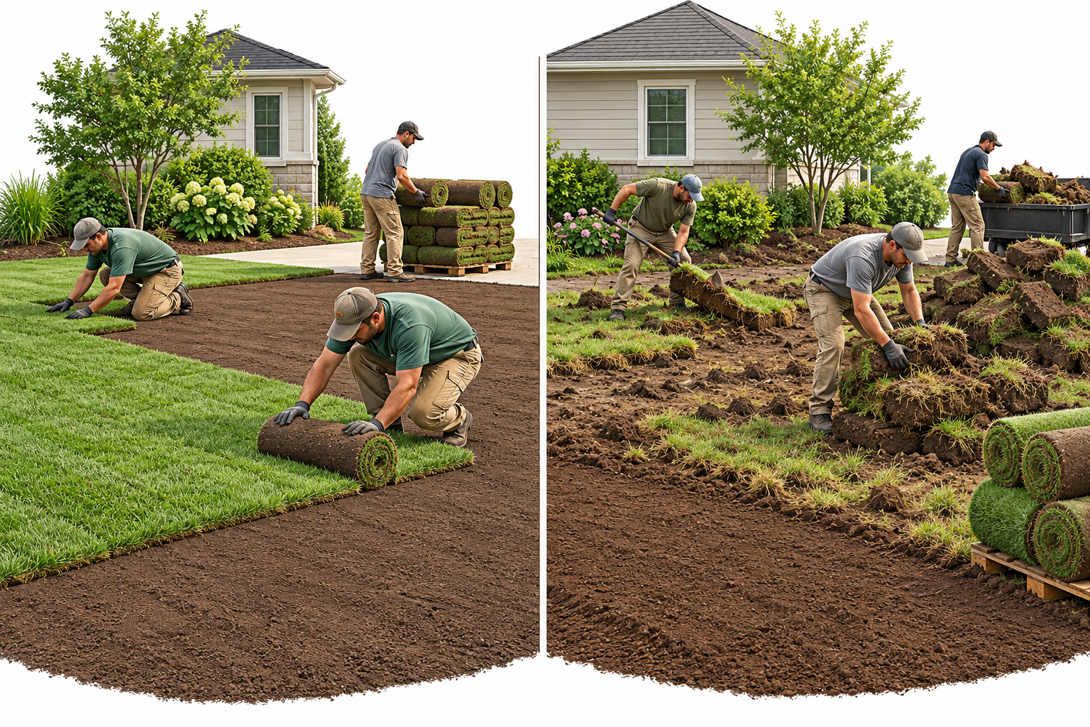 Comparison of a new lawn installed on prepared soil and a resodding project that first removes the existing lawn.