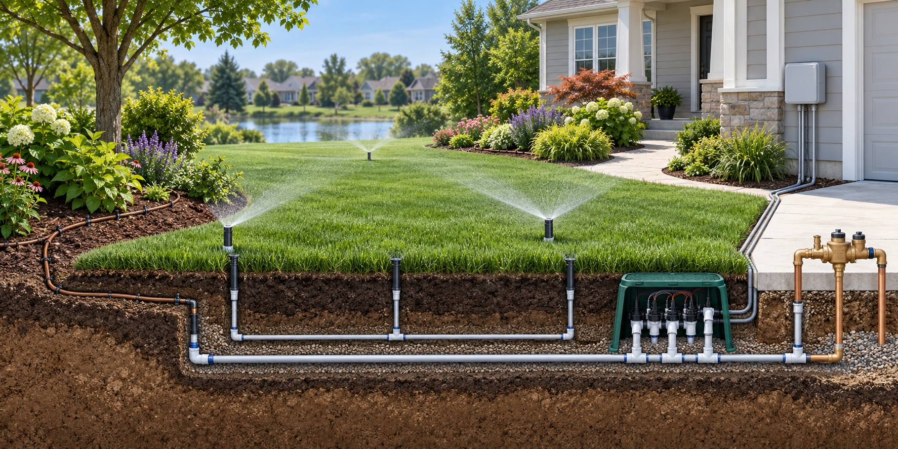 Illustration of a residential sprinkler system serving lawn and planted beds through separate irrigation zones, with buried piping, valves, controls, and a backflow assembly.