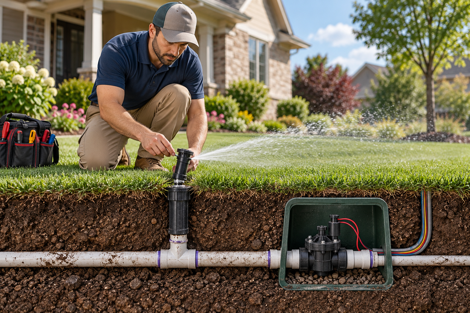 Illustration of a professional assessing an accessible broken sprinkler head, with underground piping and valve components shown as possible repair scopes.