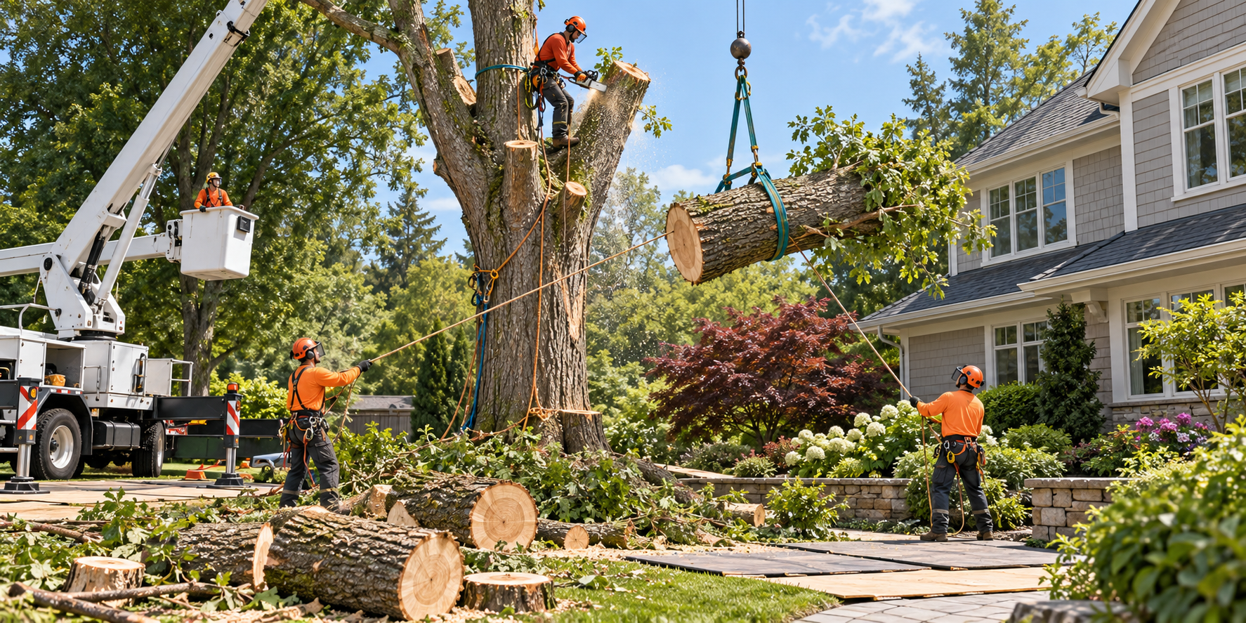 Illustration of a professional crew planning a controlled tree removal near a home, with equipment and site protection visible.