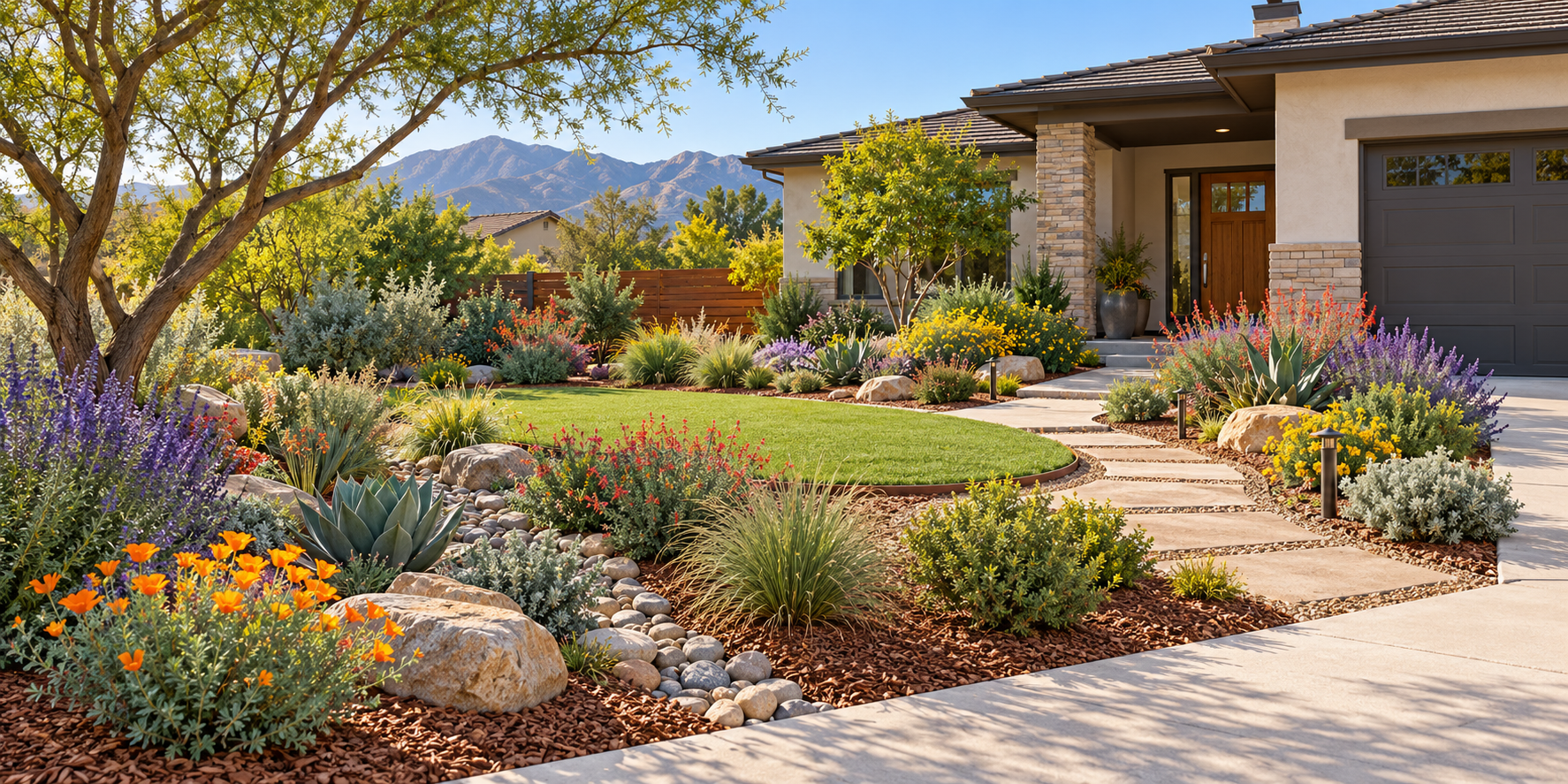Illustration of a water-wise yard conversion with functional turf, drought-adapted planting, mulch, and drip irrigation.