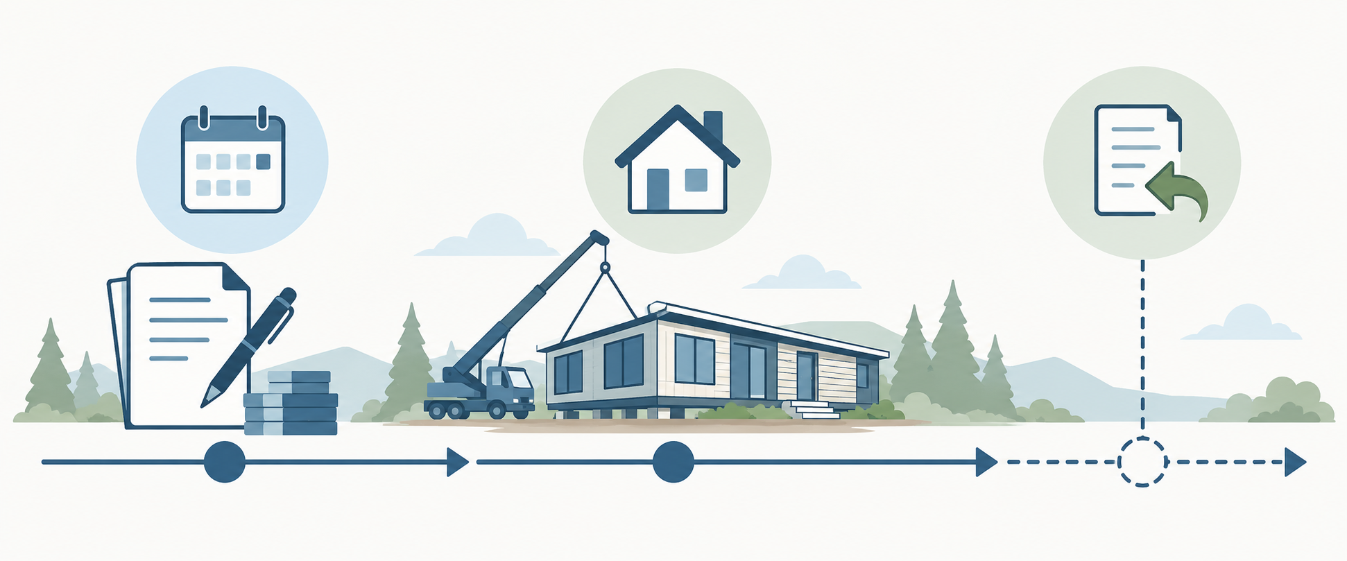 A timeline separating purchase closing and site completion from a possible later tax refund.