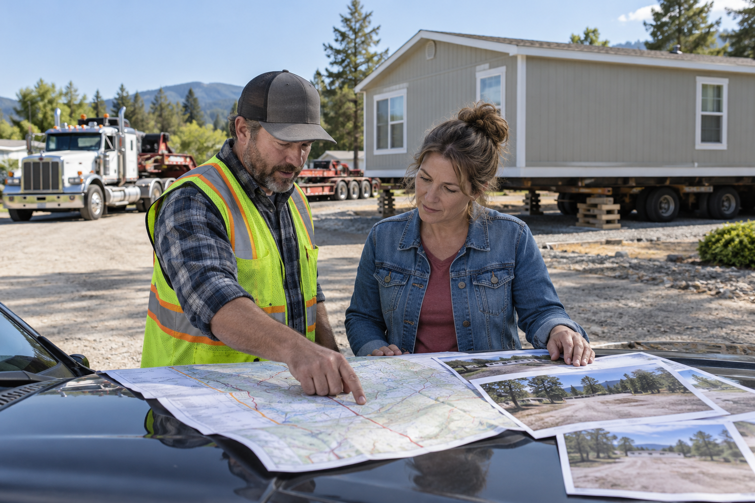 A homeowner and relocation planner reviewing a route and destination before moving a manufactured home.
