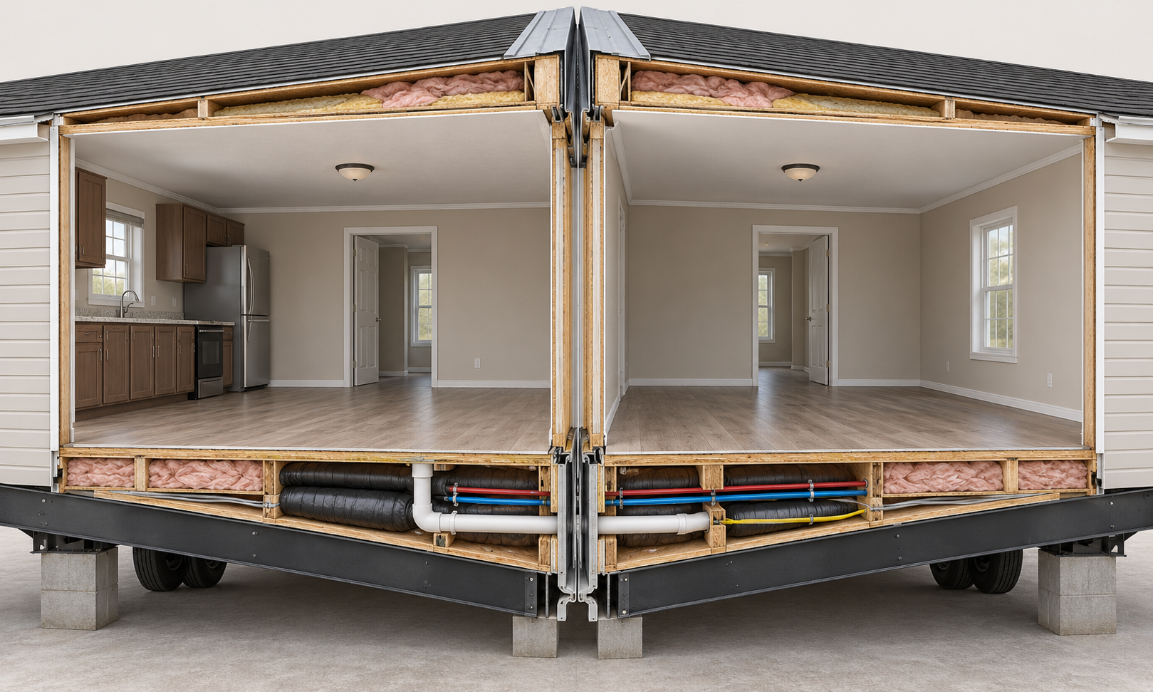 Conceptual view of floor, roof, weather-seal, and utility interfaces where two home sections meet.