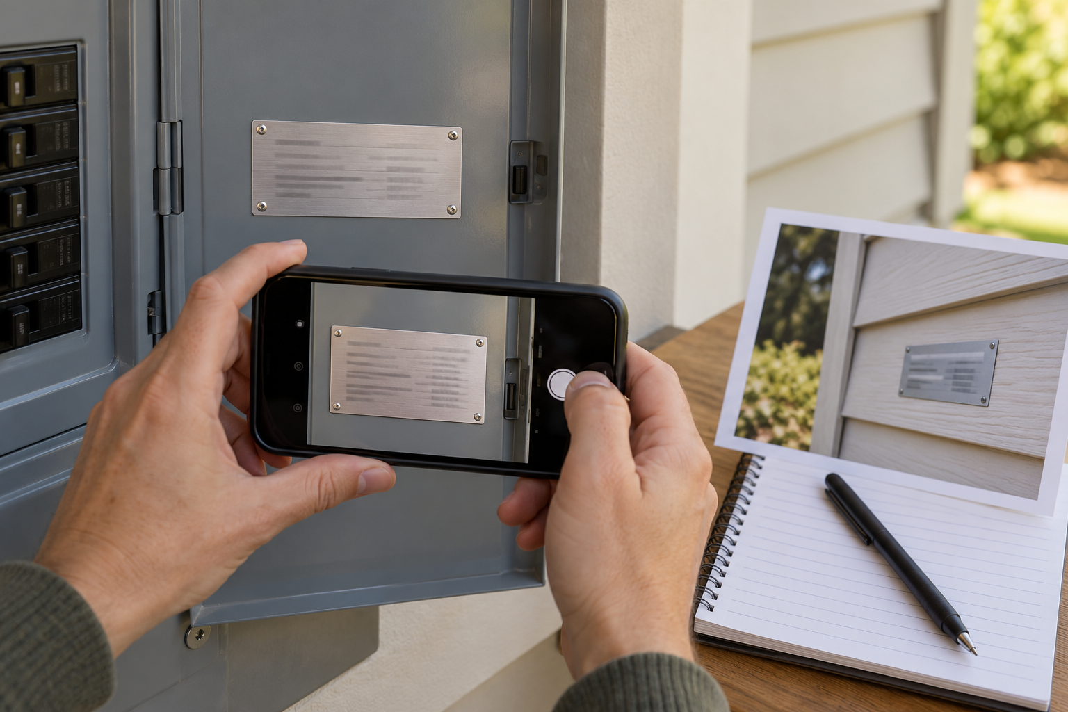 A homeowner documenting a generic factory-built home data plate and exterior certification mark.