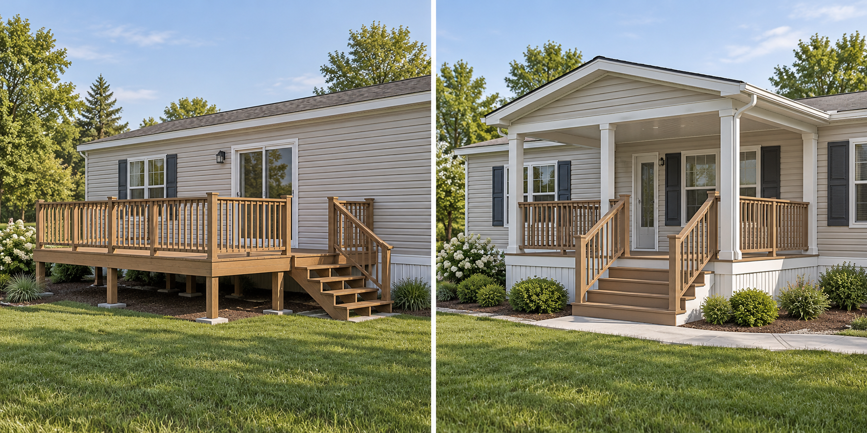 Conceptual comparison of a freestanding deck and a professionally designed attached porch.