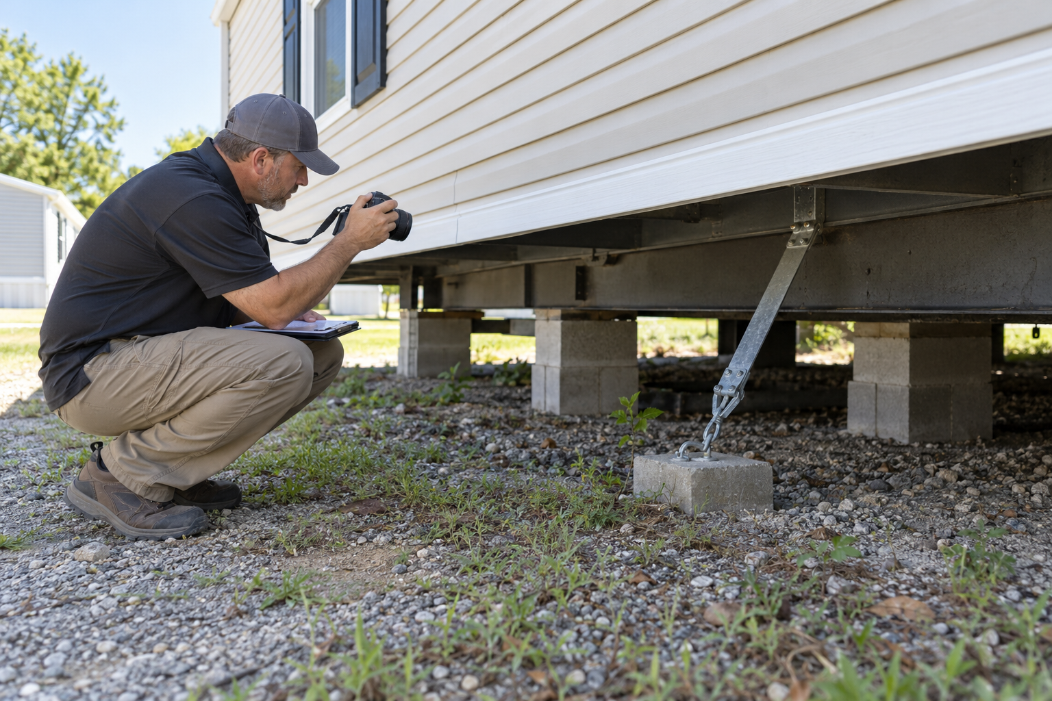 An inspector documenting a visible manufactured-home tie-down and the surrounding ground.