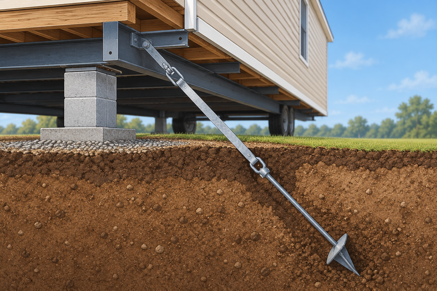 A conceptual load path from the home frame through a tie and ground anchor into the soil.