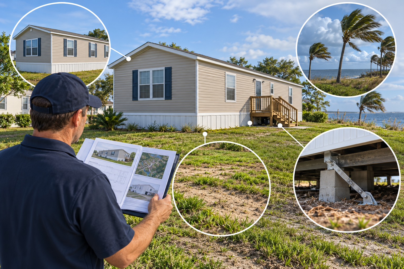 An inspector considers home configuration, visible tie-down condition, soil, grade, exposure, and project records.