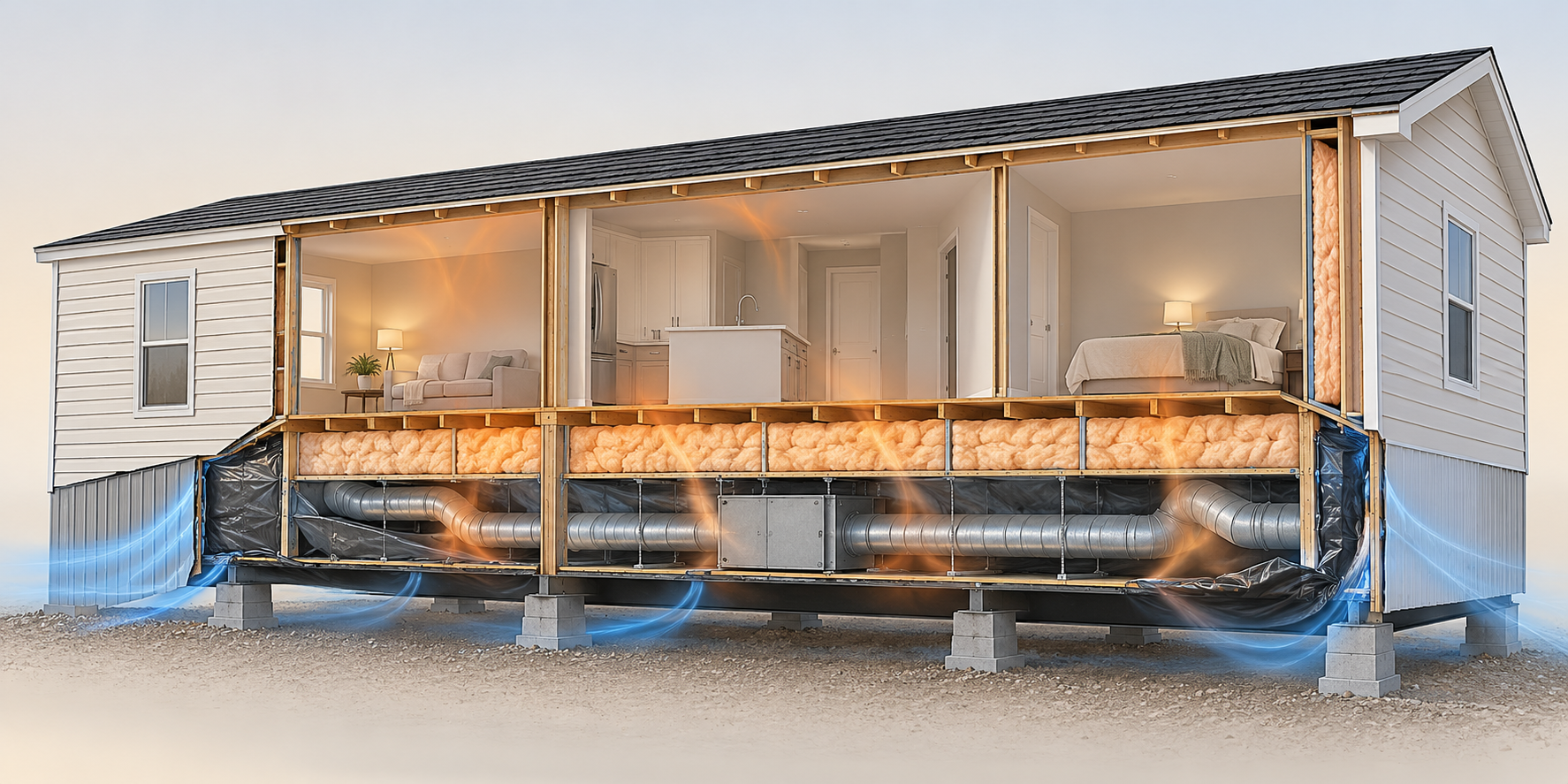 Conceptual cutaway showing the floor, insulated belly, ducts, and exterior envelope as separate weatherization areas.