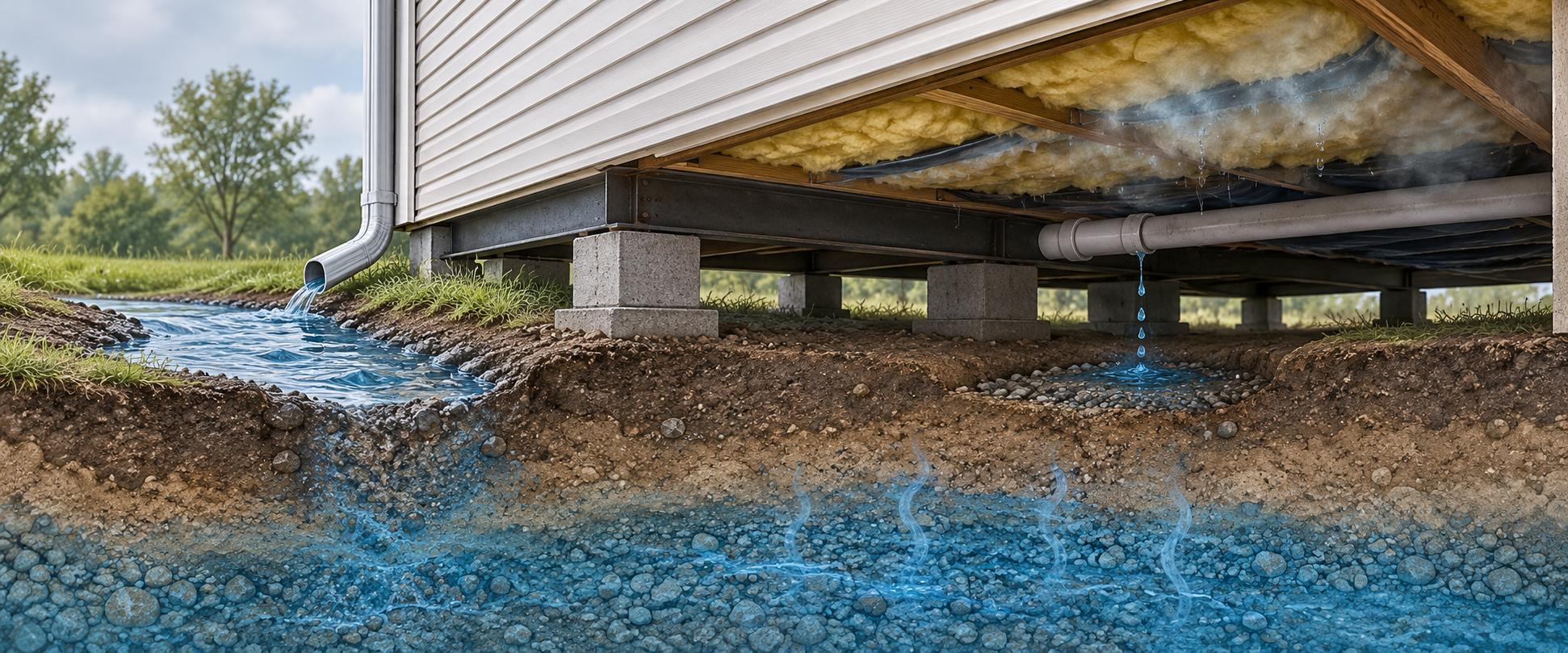 Conceptual cutaway showing runoff, groundwater, a plumbing leak, and condensation as possible moisture sources.