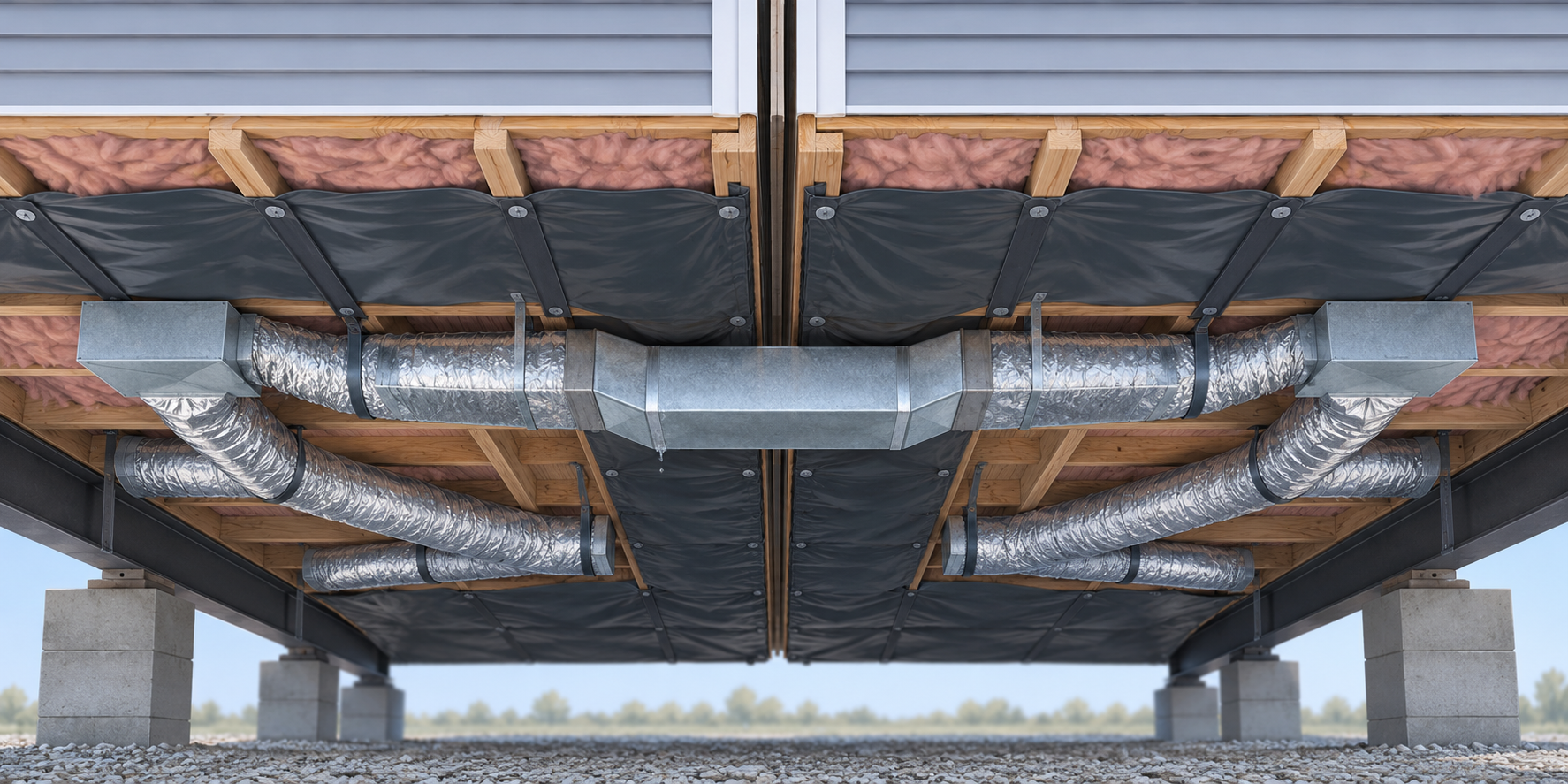 Conceptual underside view of supply ducts and a crossover joining two home sections.