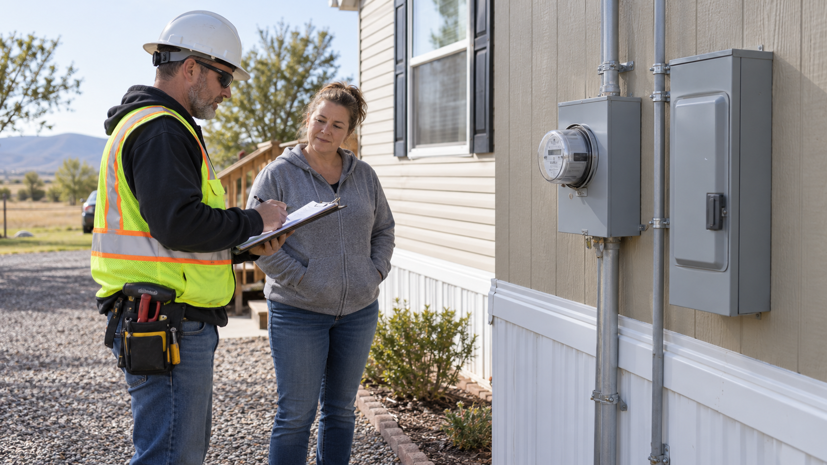 An electrician documenting a closed exterior meter and service disconnect before estimating work.