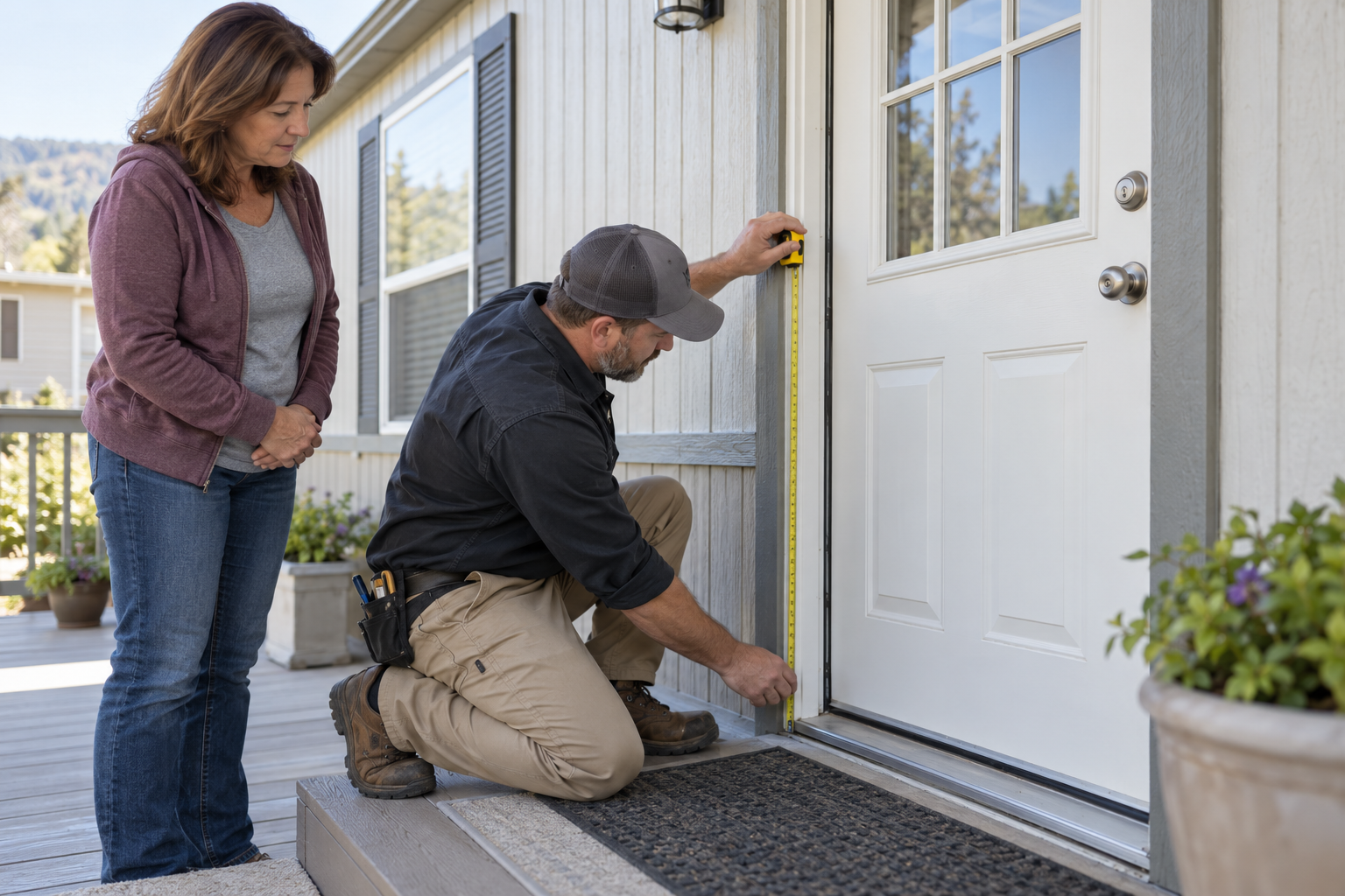 An installer measuring an exterior door frame and checking its threshold before replacement.