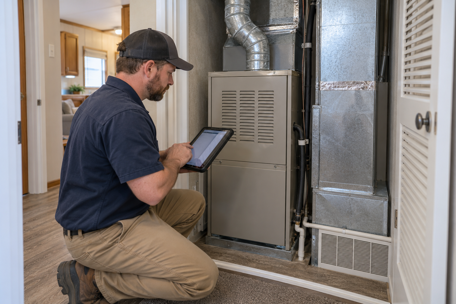 An HVAC technician documenting existing heating equipment and duct connections before replacement.