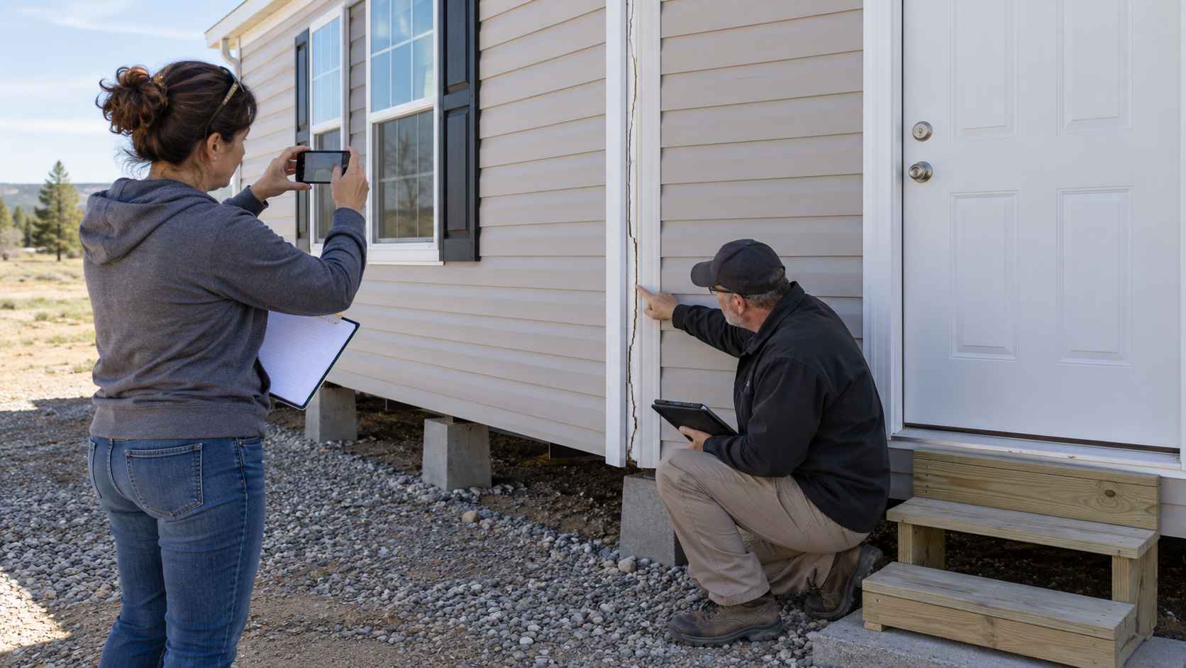 An inspector and homeowner documenting a manufactured-home section joint before repair.