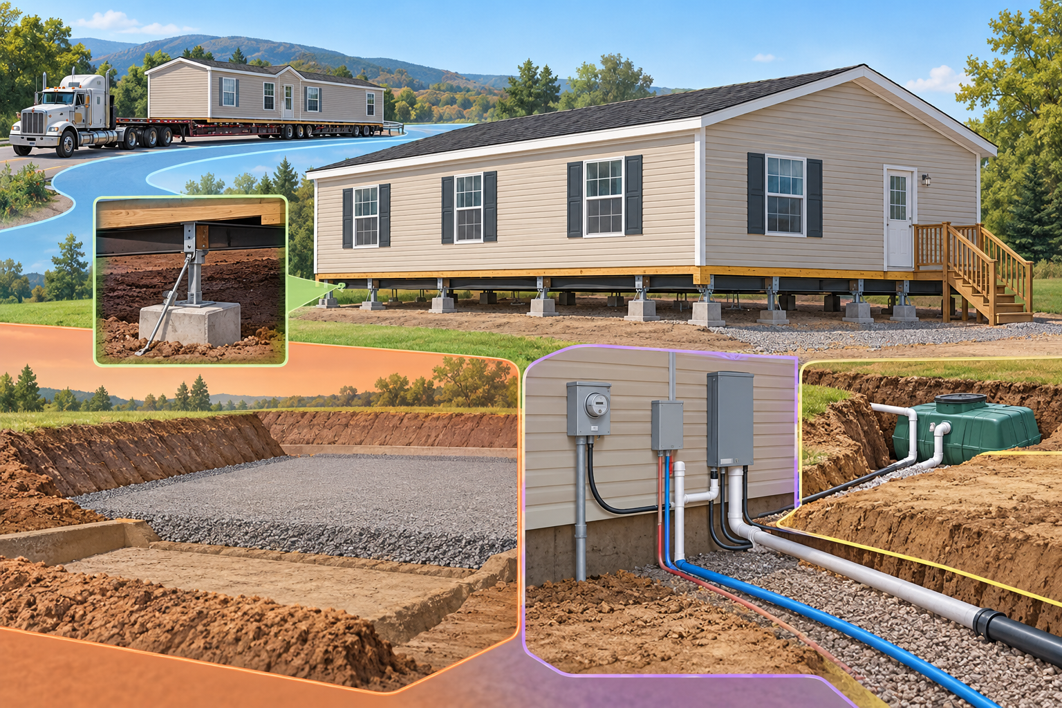 A manufactured home, its delivery route, site supports, and utility work shown as separate project scopes.