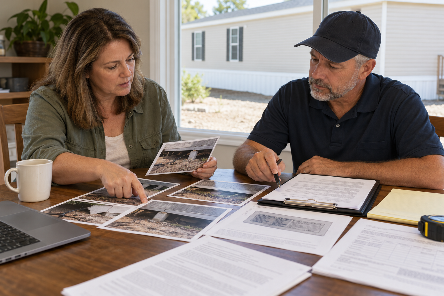 A homeowner and inspector review dated photographs, installation records, and a written estimate together.