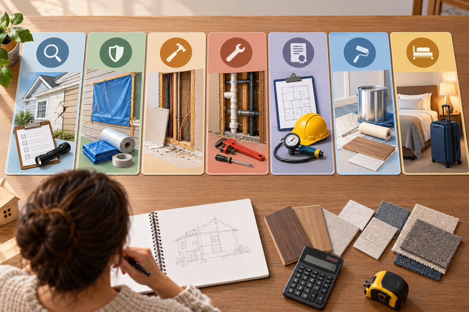 Separate planning groups for assessment, temporary protection, opening work, correction, permits, restoration, and temporary lodging.