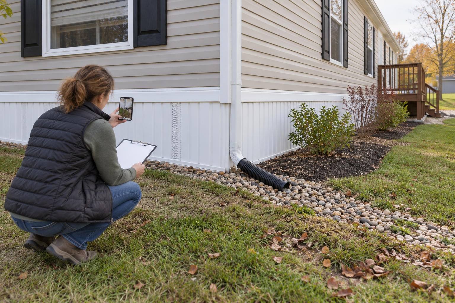 A homeowner visually checking drainage and skirting around a manufactured home.