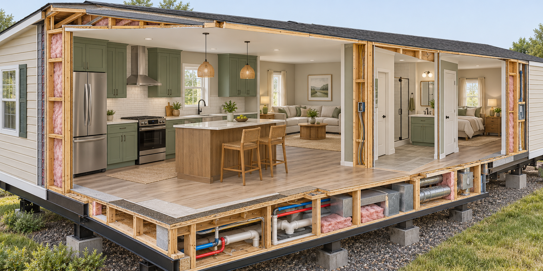 Conceptual cutaway of a manufactured-home remodel showing finished surfaces and underlying utility interfaces.
