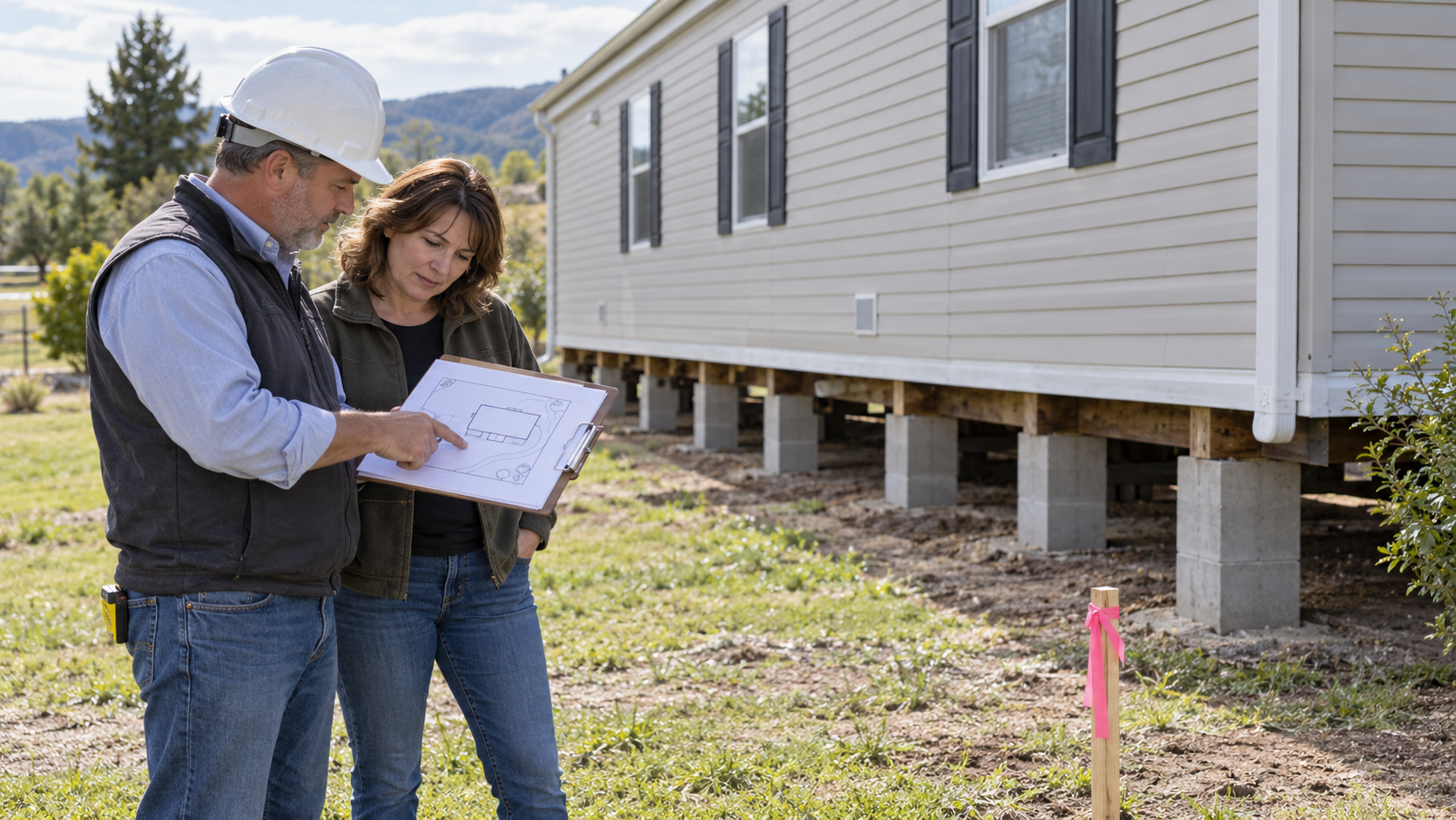 An engineer and homeowner reviewing a manufactured-home foundation retrofit assessment.