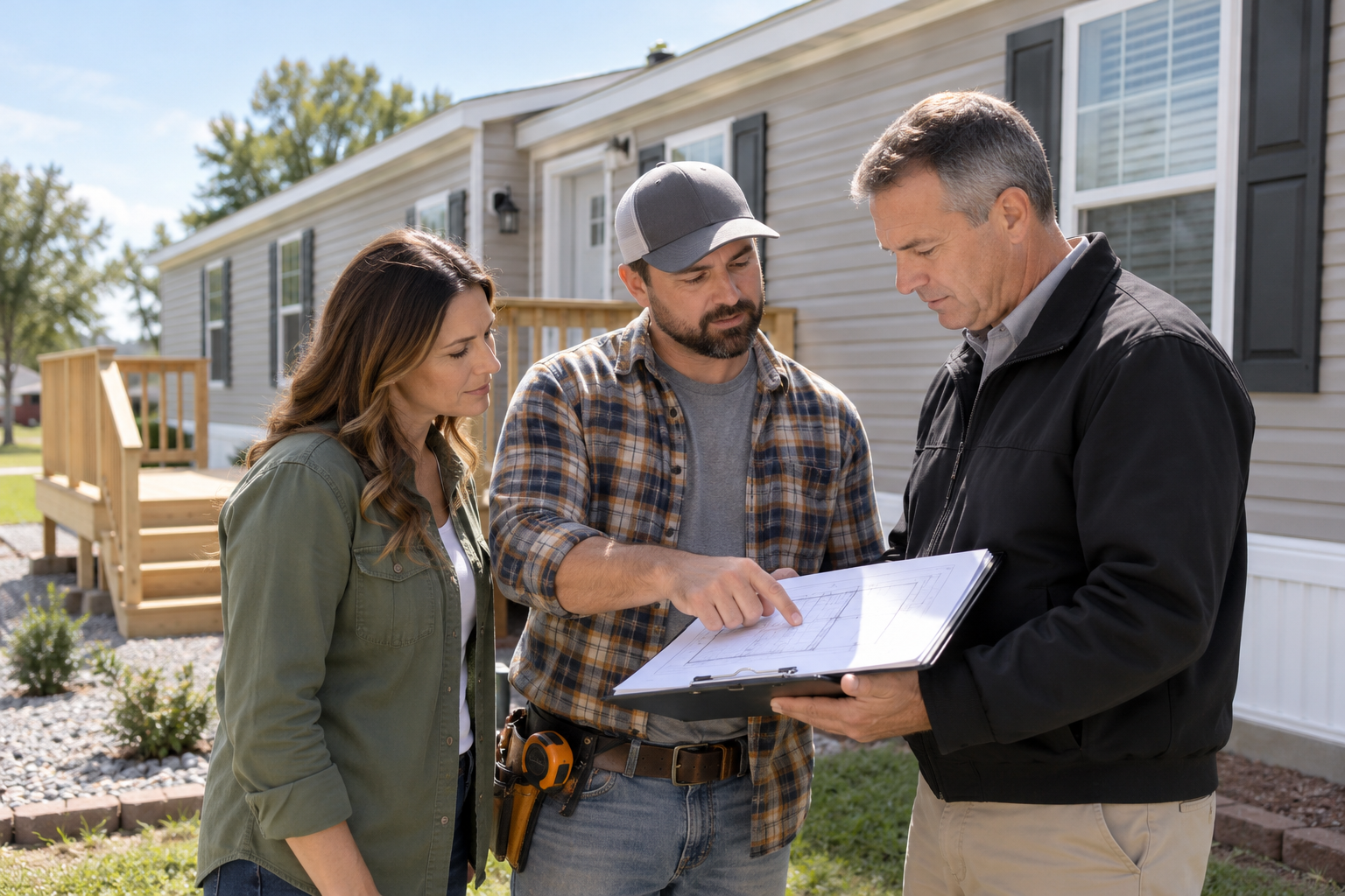 A homeowner, contractor, and inspector reviewing an alteration plan beside a manufactured home.