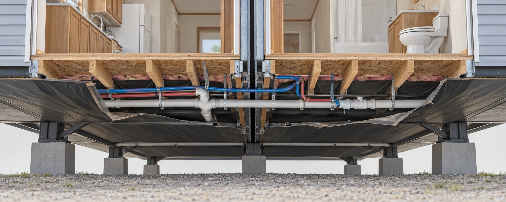 Conceptual underside view of plumbing lines and a section crossover beneath a manufactured home.