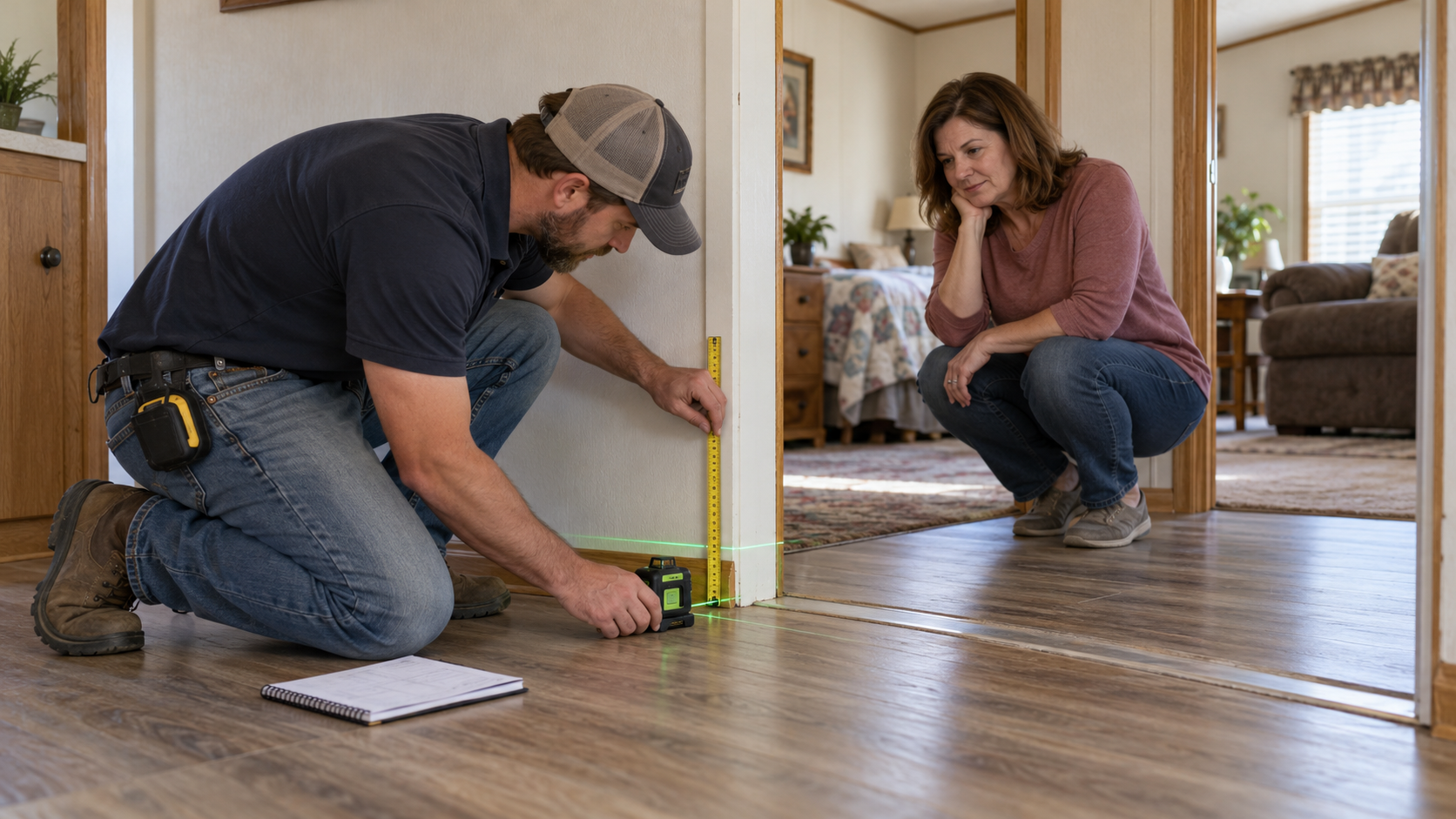 A professional documenting floor-level changes during a manufactured-home assessment.
