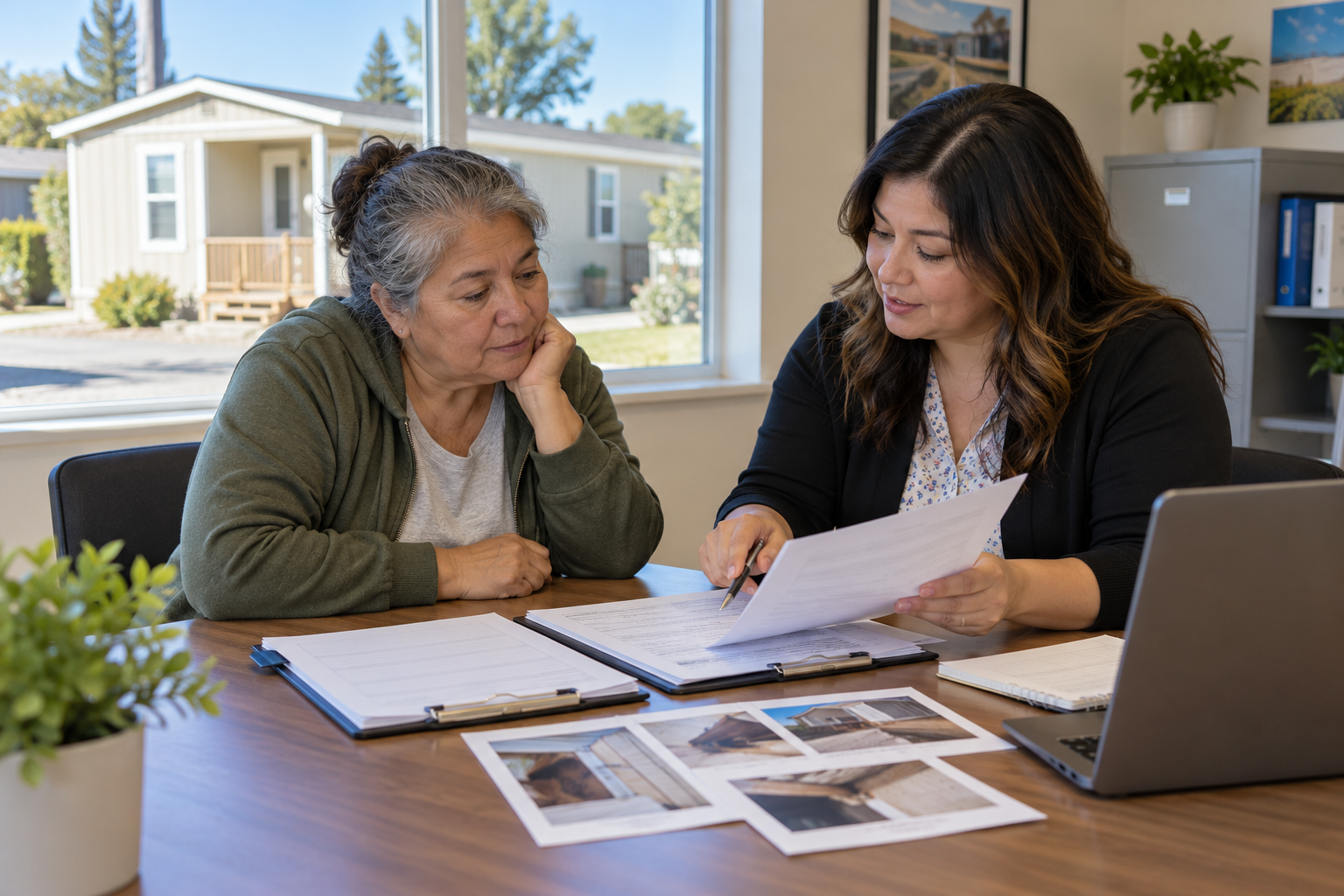 A homeowner and housing counselor reviewing repair estimates and an assistance application checklist.