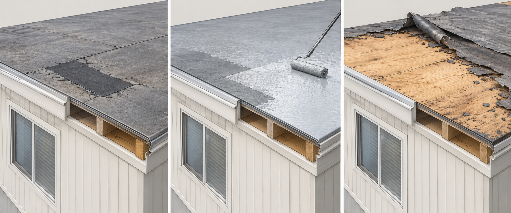 Conceptual comparison of localized roof repair, coating, and full replacement scopes.