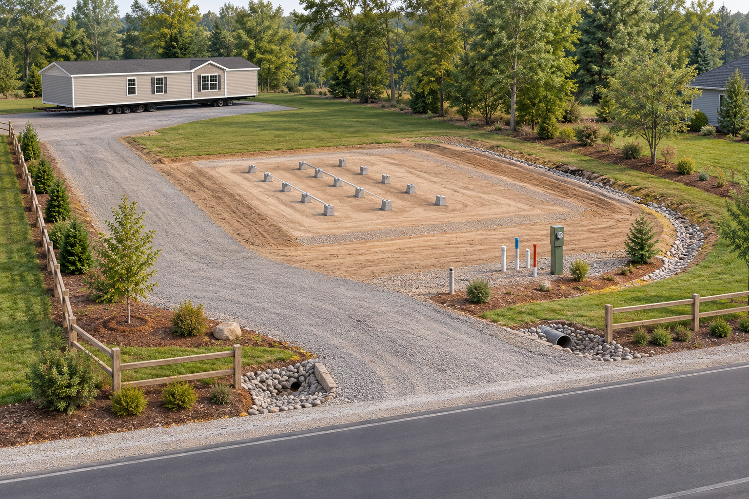 Illustration of a prepared home site with access, grading, support locations, utility points, and drainage.