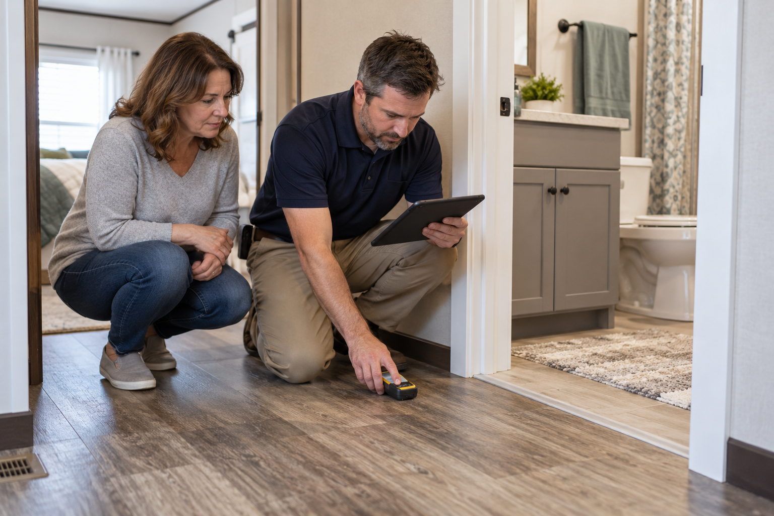 A professional documenting floor moisture near a bathroom doorway before repair.
