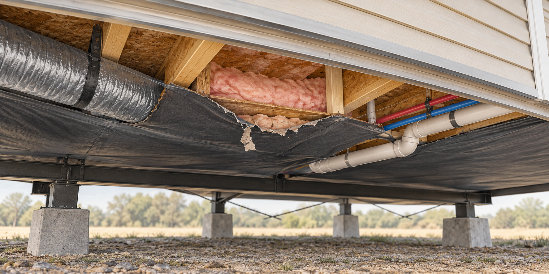 Conceptual cutaway of a damaged underbelly barrier with insulation and nearby service lines visible.