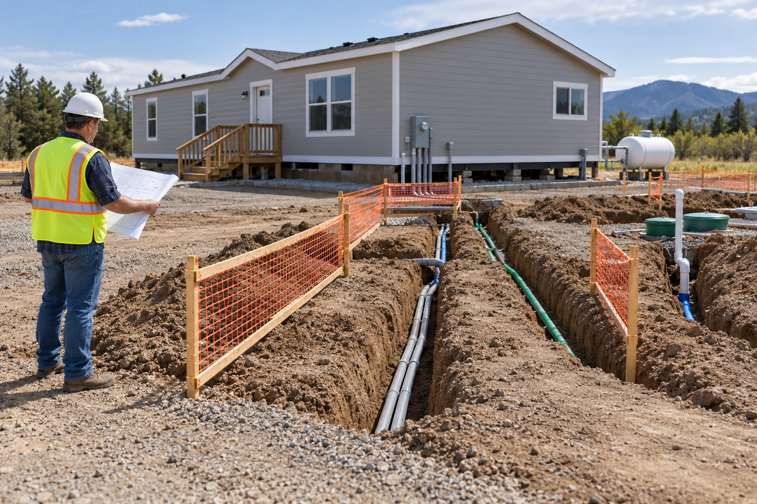 Utility trenches and connection routes approaching a manufactured home site.