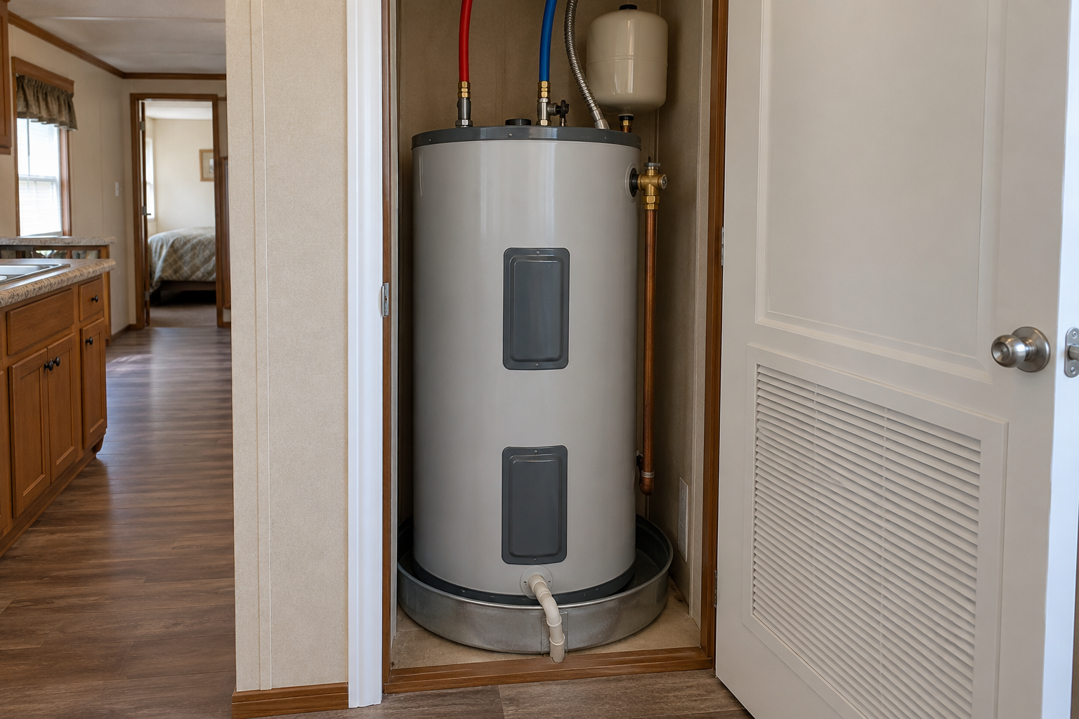 A compact water heater and its service access in a manufactured-home utility closet.