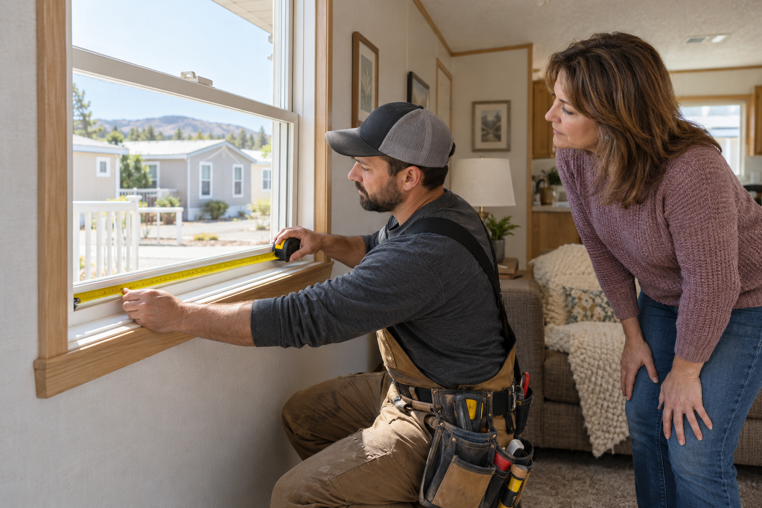 An installer measuring a window opening and checking the sill before ordering a replacement.
