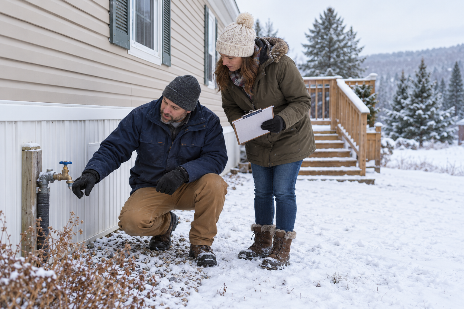 A plumber and homeowner reviewing an exterior shutoff and perimeter enclosure before winter.