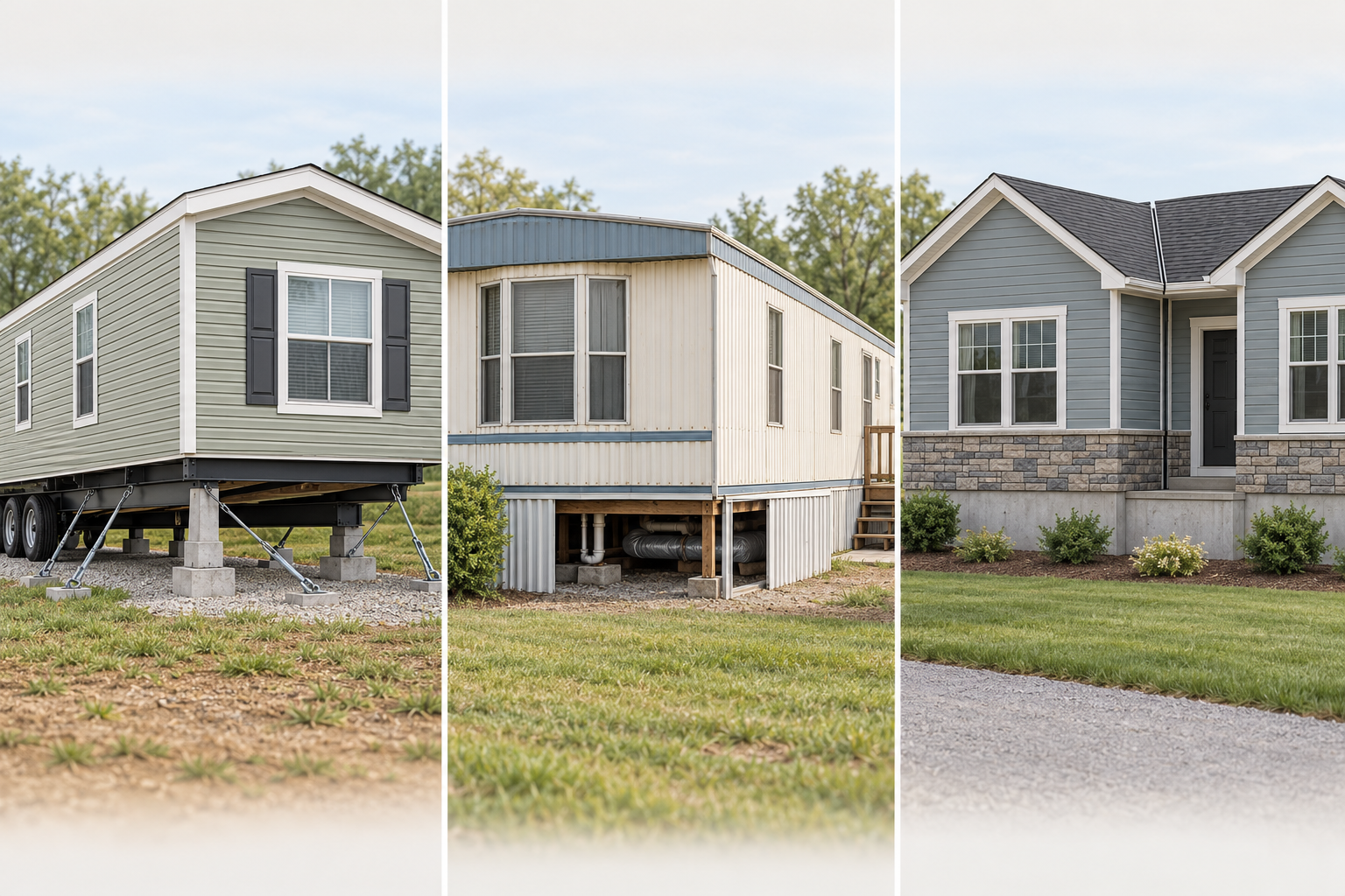 Illustration comparing a manufactured home on piers, an older mobile home with underfloor access, and a modular home on a conventional foundation.