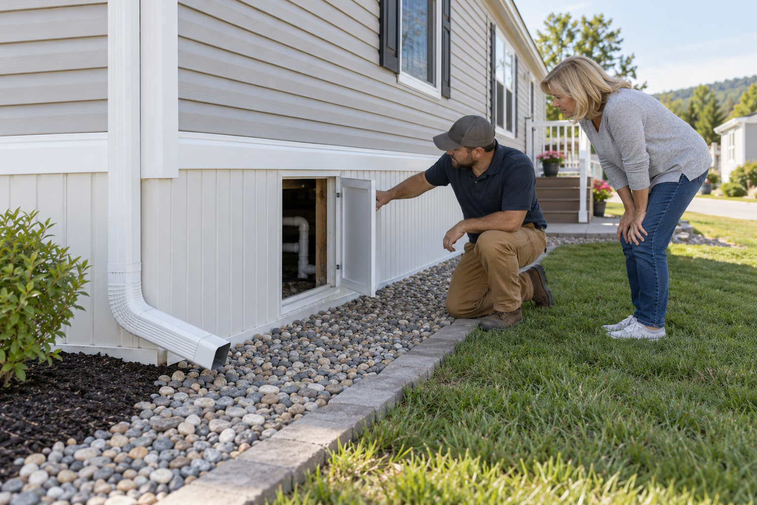 Manufactured-home skirting with a removable service access panel and visible grade transition.
