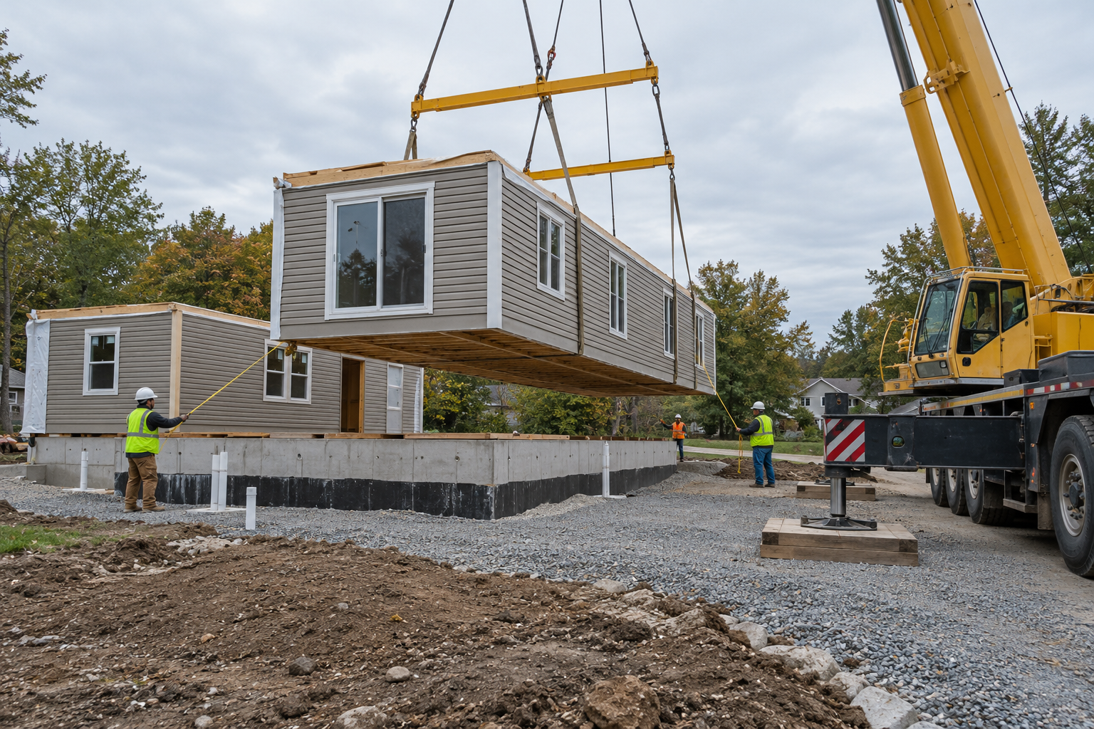 A modular-home section being set by crane onto a prepared foundation.