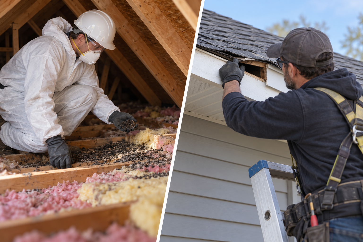A cleanup professional assesses attic contamination while a separate roofing contractor evaluates an exterior opening for repair