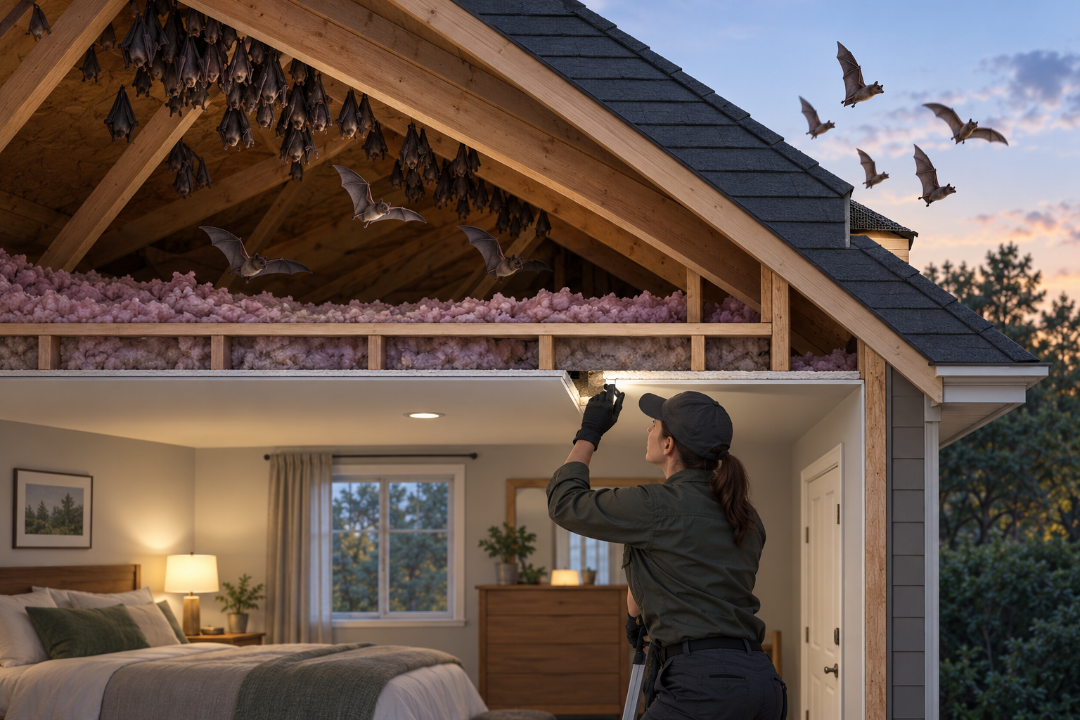 A qualified wildlife professional assesses the boundary between an attic bat roost and an occupied room while the exterior exit remains open