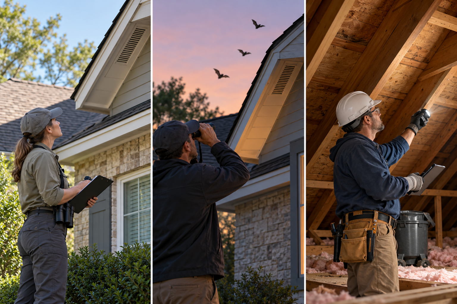 Three stages of professional bat work: roofline assessment, follow-up monitoring, and a separate attic cleanup and repair estimate