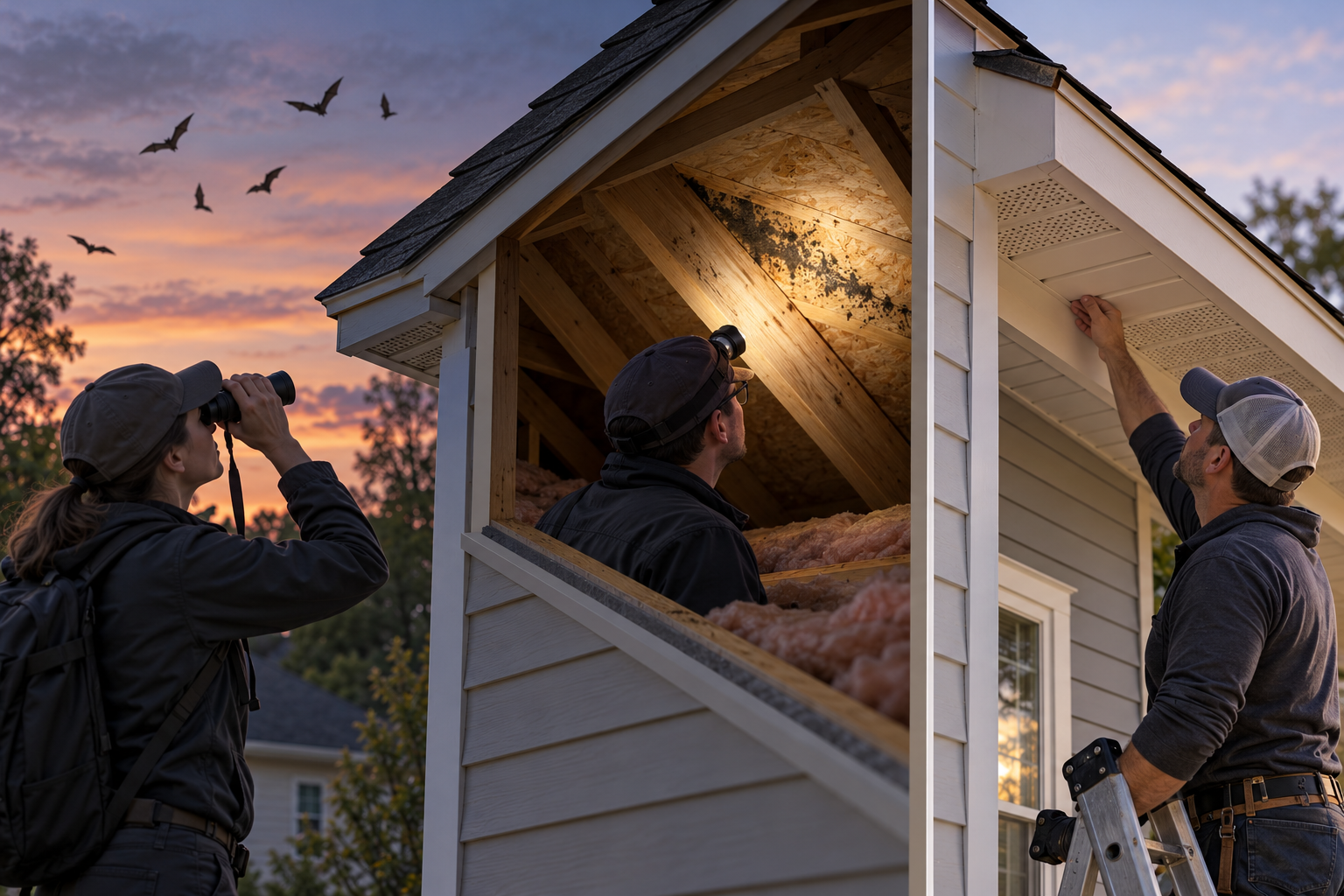 A wildlife professional surveys a bat roost while a separate worker checks roofline repairs at dusk.