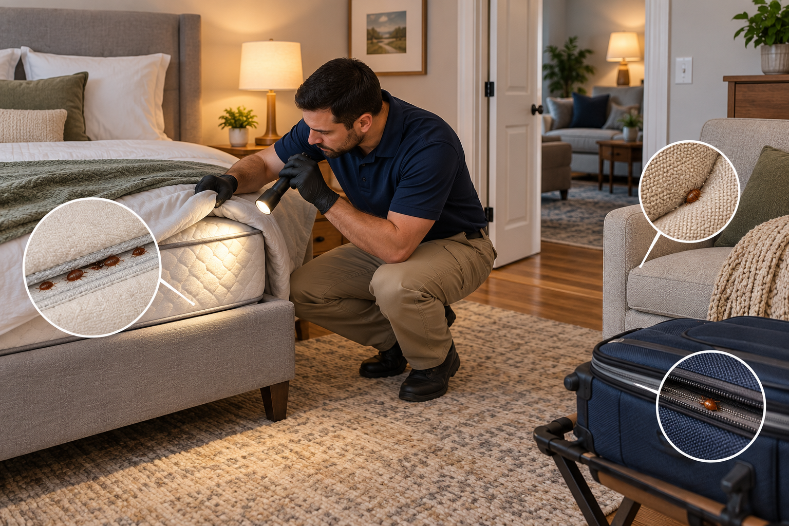 Inspector checking bed seams, upholstered furniture, and luggage as part of a bed-bug treatment-area assessment