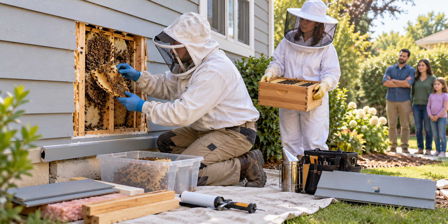 Qualified professionals accessing a bee colony and comb inside an exterior wall cavity before closure and repair