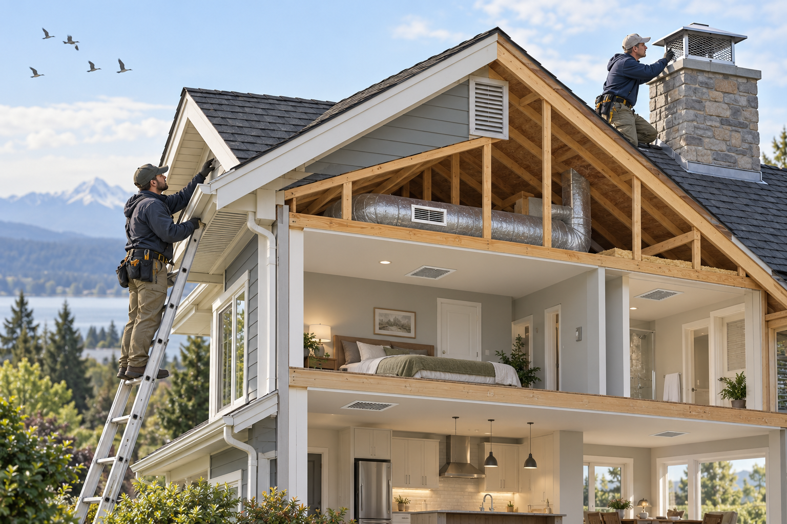 Professionals inspect a roof vent and chimney cap while preserving the building’s ventilation openings.