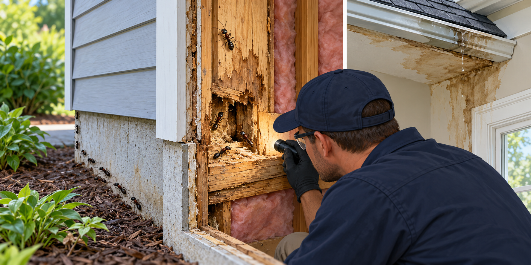 Pest professional tracing carpenter ants near a concealed wood cavity and a separate moisture-damaged area